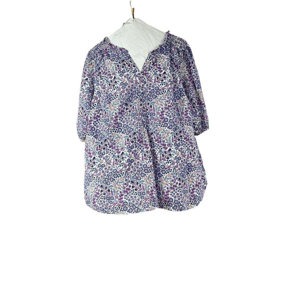 Talbots Plus Women’s Purple Floral 2X 100% Cotton Pullover 3/4 Sleeve Top Blouse
